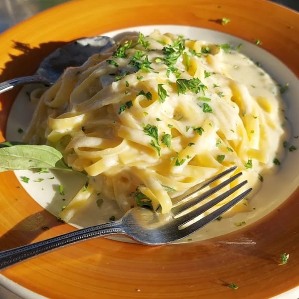 Creamy fettuccine alfredo pasta topped with fresh parsley, served on an orange and white plate.