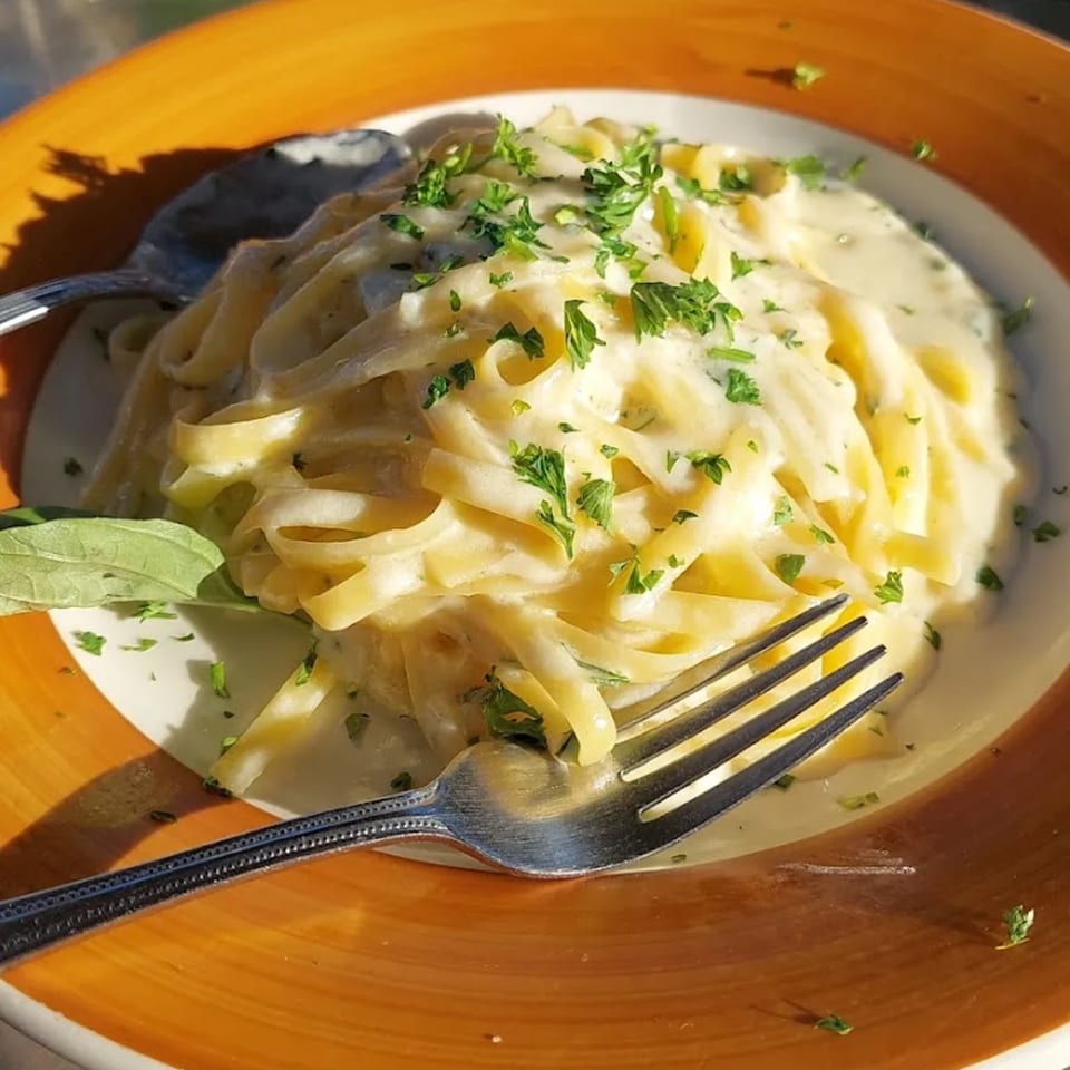 Creamy fettuccine alfredo pasta topped with fresh parsley, served on an orange and white plate.