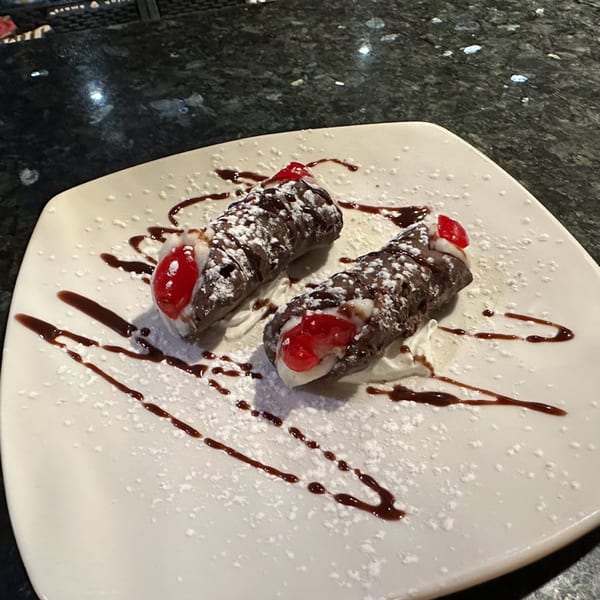 Two chocolate cannolis with powdered sugar, whipped cream, and cherries on a white plate.