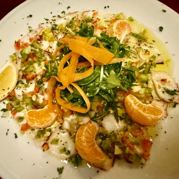 Michelangelo Ristorante's Italian carpaccio with citrus, arugula, and finely diced vegetables on a white plate.