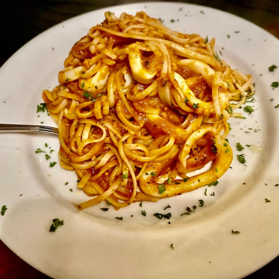 Linguine pasta with calamari and red sauce, garnished with parsley on a white plate.